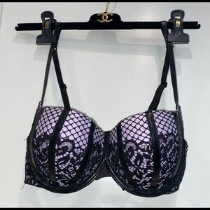 Retl$78 34C VD Elegant Black leather and Purple Lace Sexy Bra